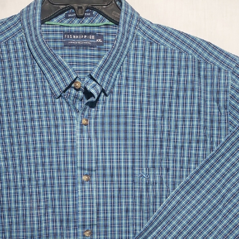 Fish Hippie Solace Collection Blue Green Plaid Long Sleeve Button-down‎ Mens XXL